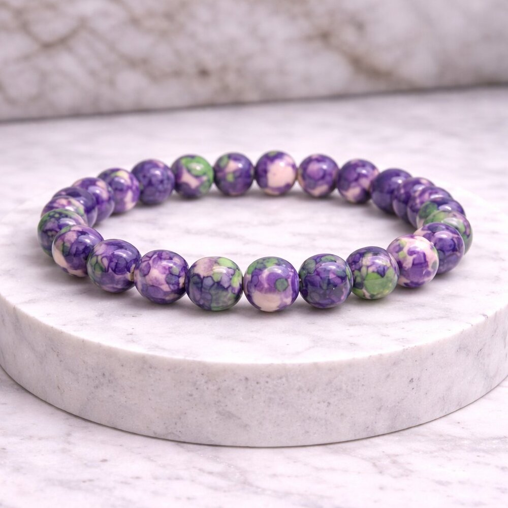 Purple Rain Flower Jasper Stone Bracelet 8mm Beads Stretch Crystal Jewelry